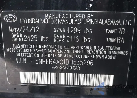 2013 Hyundai Sonata Gls z USA, uszkodzony, nr VIN 5NPEB4AC1DH535296